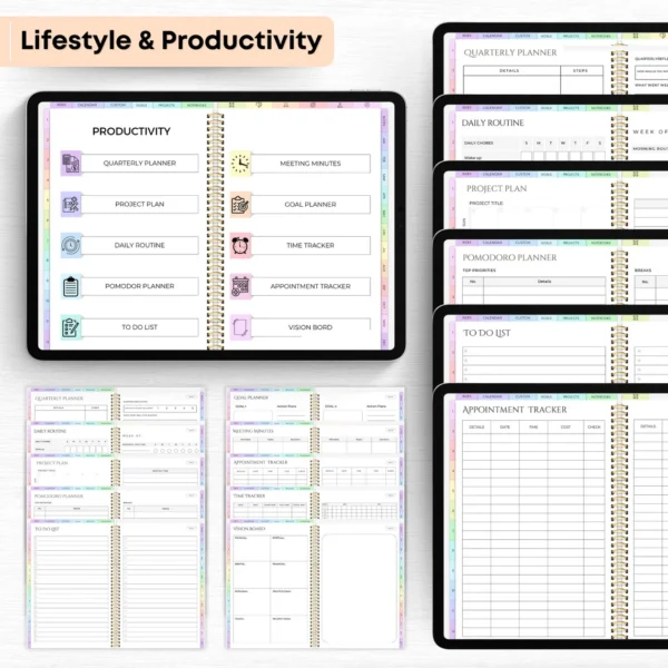 digital planner, productivity planner, weekly planner, daily planner, goal tracker, wellness planner, habit tracker, 2024 planner, undated planner, planner stickers, time management, custom planner, iPad planner, GoodNotes planner, organization tool